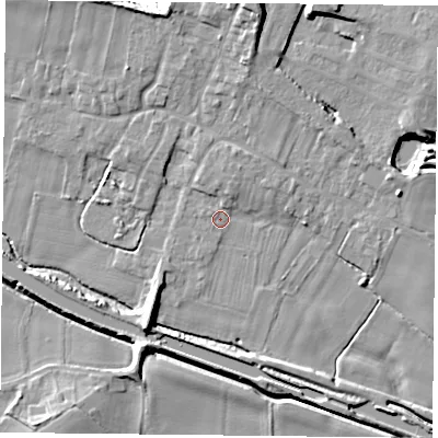 Shaded relief map of the ground around DN140HF, computed from Environment Agency LiDAR. The ground here sits at about 5 m above sea level and falls 16 m across the surrounding 800 m. Surface water reaching this point runs off ground lying to the south-west, 3.1 m higher.