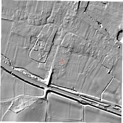 Shaded relief map of the ground around DN140HQ, computed from Environment Agency LiDAR. The ground here sits at about 5 m above sea level and falls 9 m across the surrounding 800 m. Surface water reaching this point runs off ground lying to the south-south-east, 0.5 m higher.