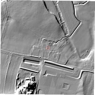 Shaded relief map of the ground around DN140NA, computed from Environment Agency LiDAR. The ground here sits at about 8 m above sea level and falls 27 m across the surrounding 800 m. Surface water reaching this point runs off ground lying to the south-south-west, 22.1 m higher.