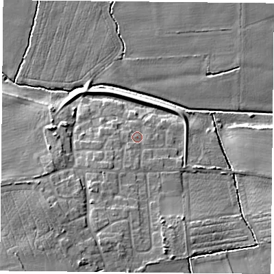 Shaded relief map of the ground around DN140NR, computed from Environment Agency LiDAR. The ground here sits at about 8 m above sea level and falls 13 m across the surrounding 800 m. Surface water reaching this point runs off ground lying to the south-south-west, 2.0 m higher.