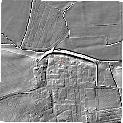 Shaded relief map of the ground around DN140NS, computed from Environment Agency LiDAR. The ground here sits at about 7 m above sea level and falls 11 m across the surrounding 800 m. Surface water reaching this point runs off ground lying to the south-west, 8.5 m higher.