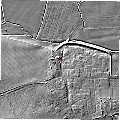 Shaded relief map of the ground around DN140NT, computed from Environment Agency LiDAR. The ground here sits at about 8 m above sea level and falls 13 m across the surrounding 800 m. Surface water reaching this point runs off ground lying to the south-west, 10.4 m higher.