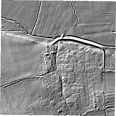 Shaded relief map of the ground around DN140NU, computed from Environment Agency LiDAR. The ground here sits at about 8 m above sea level and falls 13 m across the surrounding 800 m. Surface water reaching this point runs off ground lying to the south-west, 10.8 m higher.