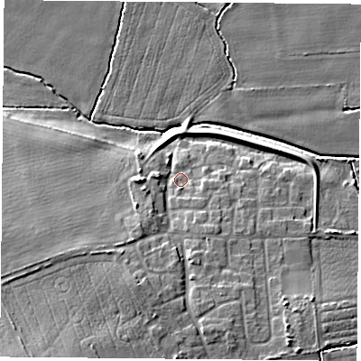 Shaded relief map of the ground around DN140NX, computed from Environment Agency LiDAR. The ground here sits at about 7 m above sea level and falls 12 m across the surrounding 800 m. Surface water reaching this point runs off ground lying to the south-south-east, 5.7 m higher.