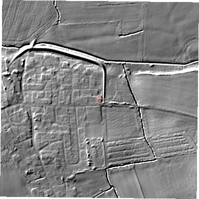 Shaded relief map of the ground around DN140NY, computed from Environment Agency LiDAR. The ground here sits at about 8 m above sea level and falls 11 m across the surrounding 800 m. Surface water reaching this point runs off ground lying to the south, 4.4 m higher.