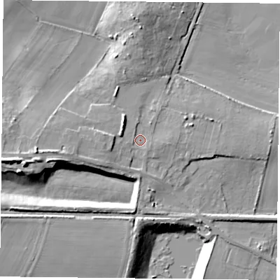 Shaded relief map of the ground around DN140QA, computed from Environment Agency LiDAR. The ground here sits at about 11 m above sea level and falls 16 m across the surrounding 800 m. Surface water reaching this point runs off ground lying to the west, 4.6 m higher.