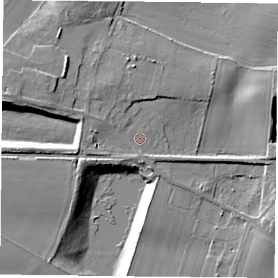 Shaded relief map of the ground around DN140QE, computed from Environment Agency LiDAR. The ground here sits at about 9 m above sea level and falls 13 m across the surrounding 800 m. Surface water reaching this point runs off ground lying to the west-north-west, 6.2 m higher.