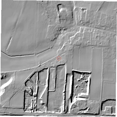 Shaded relief map of the ground around DN140QT, computed from Environment Agency LiDAR. The ground here sits at about 7 m above sea level and falls 11 m across the surrounding 800 m. Surface water reaching this point runs off ground lying to the south-east, 5.5 m higher.