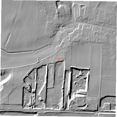 Shaded relief map of the ground around DN140QU, computed from Environment Agency LiDAR. The ground here sits at about 7 m above sea level and falls 11 m across the surrounding 800 m. Surface water reaching this point runs off ground lying to the south-south-west, 3.7 m higher.