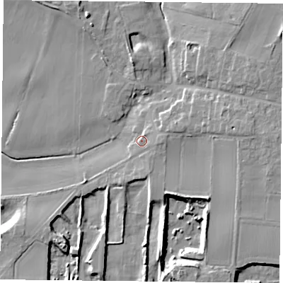 Shaded relief map of the ground around DN140QX, computed from Environment Agency LiDAR. The ground here sits at about 7 m above sea level and falls 12 m across the surrounding 800 m. Surface water reaching this point runs off ground lying to the east, 2.7 m higher.