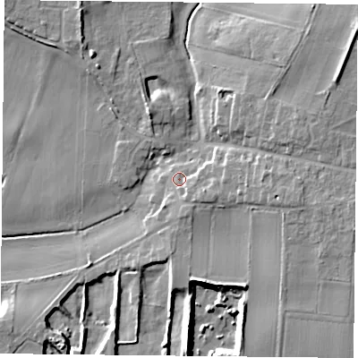 Shaded relief map of the ground around DN140QY, computed from Environment Agency LiDAR. The ground here sits at about 8 m above sea level and falls 12 m across the surrounding 800 m. Surface water reaching this point runs off ground lying to the east-south-east, 2.2 m higher.
