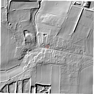 Shaded relief map of the ground around DN140QZ, computed from Environment Agency LiDAR. The ground here sits at about 8 m above sea level and falls 12 m across the surrounding 800 m. Surface water reaching this point runs off ground lying to the north-east, 7.5 m higher.