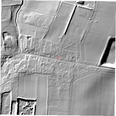 Shaded relief map of the ground around DN140RA, computed from Environment Agency LiDAR. The ground here sits at about 10 m above sea level and falls 13 m across the surrounding 800 m. Surface water reaching this point runs off ground lying to the north-north-east, 4.3 m higher.