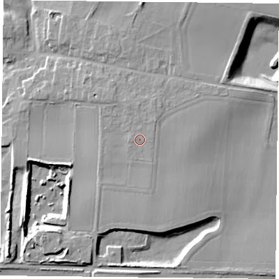 Shaded relief map of the ground around DN140RD, computed from Environment Agency LiDAR. The ground here sits at about 10 m above sea level and falls 12 m across the surrounding 800 m. Surface water reaching this point runs off ground lying to the north-west, 1.3 m higher.