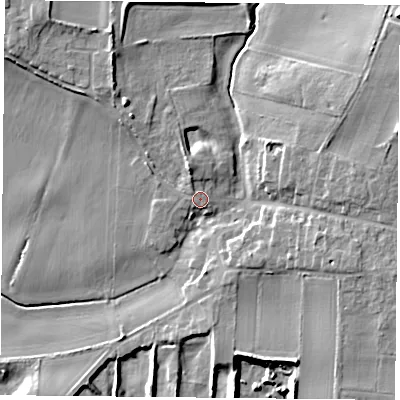 Shaded relief map of the ground around DN140RF, computed from Environment Agency LiDAR. The ground here sits at about 8 m above sea level and falls 11 m across the surrounding 800 m. Surface water reaching this point runs off ground lying to the north-north-west, 3.3 m higher.