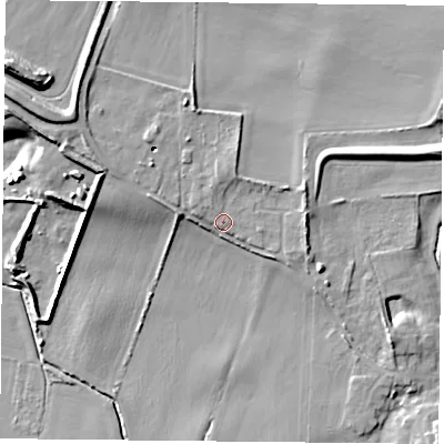 Shaded relief map of the ground around DN140RQ, computed from Environment Agency LiDAR. The ground here sits at about 10 m above sea level and falls 16 m across the surrounding 800 m. Surface water reaching this point runs off ground lying to the north, 3.9 m higher.