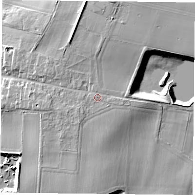 Shaded relief map of the ground around DN140RS, computed from Environment Agency LiDAR. The ground here sits at about 11 m above sea level and falls 13 m across the surrounding 800 m. Surface water reaching this point runs off ground lying to the south-east, 0.7 m higher.