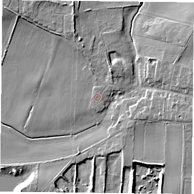 Shaded relief map of the ground around DN140RT, computed from Environment Agency LiDAR. The ground here sits at about 7 m above sea level and falls 10 m across the surrounding 800 m. Surface water reaching this point runs off ground lying to the north-east, 1.5 m higher.