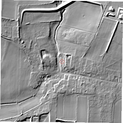 Shaded relief map of the ground around DN140RU, computed from Environment Agency LiDAR. The ground here sits at about 7 m above sea level and falls 12 m across the surrounding 800 m. Surface water reaching this point runs off ground lying to the east-north-east, 9.1 m higher.