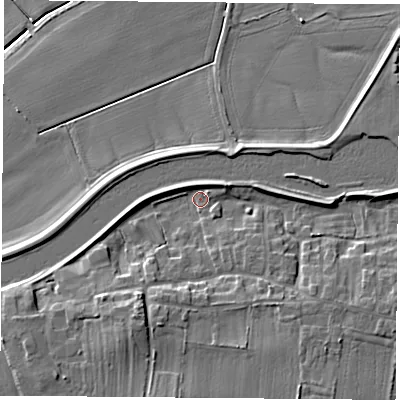 Shaded relief map of the ground around DN140RZ, computed from Environment Agency LiDAR. The ground here sits at about 7 m above sea level and falls 12 m across the surrounding 800 m. Surface water reaching this point runs off ground lying to the south-south-west, 6.9 m higher.