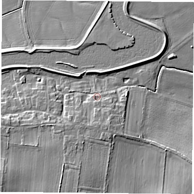 Shaded relief map of the ground around DN140SJ, computed from Environment Agency LiDAR. The ground here sits at about 9 m above sea level and falls 9 m across the surrounding 800 m. Surface water reaching this point runs off ground lying to the south, 3.4 m higher.