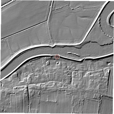 Shaded relief map of the ground around DN140SL, computed from Environment Agency LiDAR. The ground here sits at about 8 m above sea level and falls 11 m across the surrounding 800 m. Surface water reaching this point runs off ground lying to the south-west, 6.9 m higher.