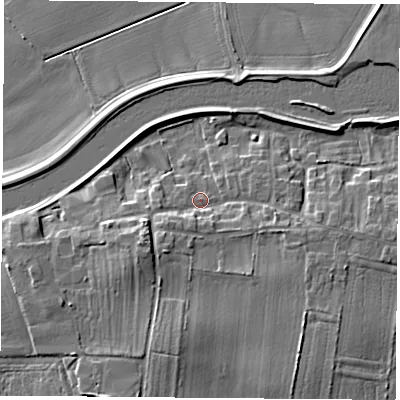 Shaded relief map of the ground around DN140SS, computed from Environment Agency LiDAR. The ground here sits at about 9 m above sea level and falls 9 m across the surrounding 800 m. Surface water reaching this point runs off ground lying to the south-west, 4.9 m higher.
