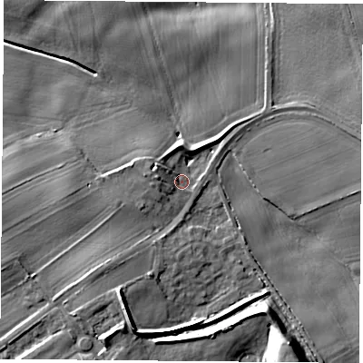 Shaded relief map of the ground around DN140SY, computed from Environment Agency LiDAR. The ground here sits at about 8 m above sea level and falls 15 m across the surrounding 800 m. Surface water reaching this point runs off ground lying to the south-south-east, 13.4 m higher.