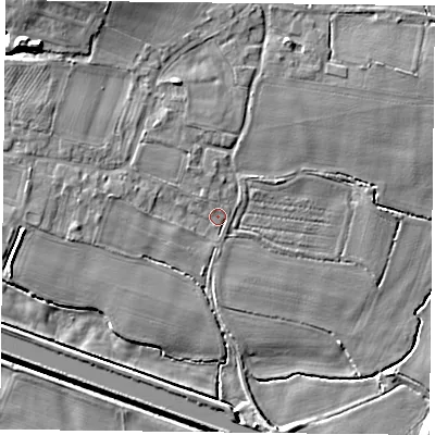 Shaded relief map of the ground around DN140UB, computed from Environment Agency LiDAR. The ground here sits at about 5 m above sea level and falls 8 m across the surrounding 800 m. Surface water reaching this point runs off ground lying to the north, 1.1 m higher.
