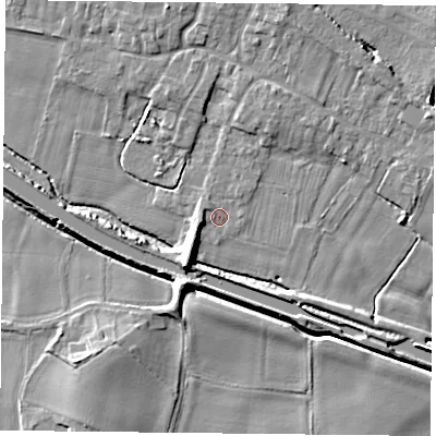 Shaded relief map of the ground around DN140UE, computed from Environment Agency LiDAR. The ground here sits at about 5 m above sea level and falls 9 m across the surrounding 800 m. Surface water reaching this point runs off ground lying to the west-south-west, 2.5 m higher.