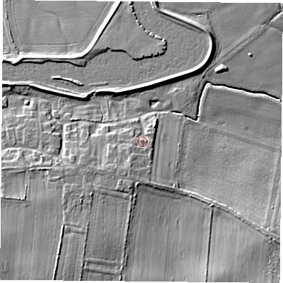 Shaded relief map of the ground around DN140UW, computed from Environment Agency LiDAR. The ground here sits at about 9 m above sea level and falls 9 m across the surrounding 800 m. Surface water reaching this point runs off ground lying to the south-south-west, 2.8 m higher.