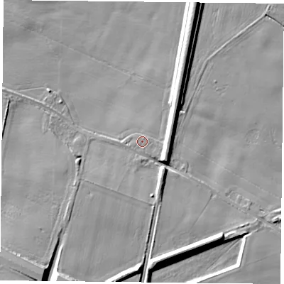 Shaded relief map of the ground around DN140XD, computed from Environment Agency LiDAR. The ground here sits at about 7 m above sea level and falls 14 m across the surrounding 800 m. Surface water reaching this point runs off ground lying to the east-south-east, 4.4 m higher.