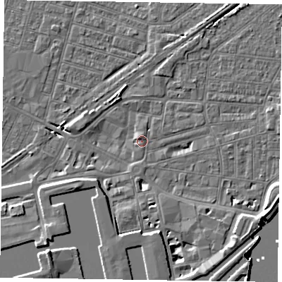 Shaded relief map of the ground around DN145AB, computed from Environment Agency LiDAR. The ground here sits at about 3 m above sea level and falls 8 m across the surrounding 800 m. Surface water reaching this point runs off ground lying to the east-north-east, 0.5 m higher.