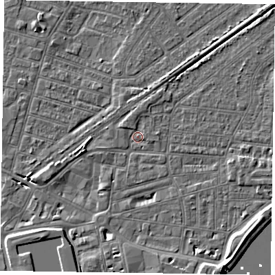 Shaded relief map of the ground around DN145AN, computed from Environment Agency LiDAR. The ground here sits at about 3 m above sea level and falls 7 m across the surrounding 800 m. Surface water reaching this point runs off ground lying to the north-west, 1.2 m higher.