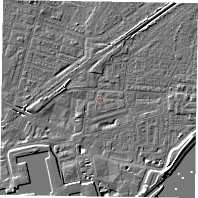 Shaded relief map of the ground around DN145AP, computed from Environment Agency LiDAR. The ground here sits at about 3 m above sea level and falls 7 m across the surrounding 800 m. Surface water reaching this point runs off ground lying to the south-west, 3.7 m higher.