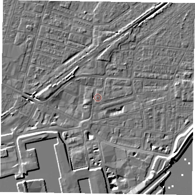 Shaded relief map of the ground around DN145AQ, computed from Environment Agency LiDAR. The ground here sits at about 3 m above sea level and falls 8 m across the surrounding 800 m. Surface water reaching this point runs off ground lying to the west-north-west, 1.2 m higher.