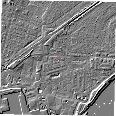 Shaded relief map of the ground around DN145AR, computed from Environment Agency LiDAR. The ground here sits at about 3 m above sea level and falls 7 m across the surrounding 800 m. Surface water reaching this point runs off ground lying to the south-west, 3.7 m higher.