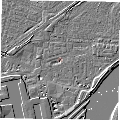 Shaded relief map of the ground around DN145AS, computed from Environment Agency LiDAR. The ground here sits at about 3 m above sea level and falls 8 m across the surrounding 800 m. Surface water reaching this point runs off ground lying to the south-south-west, 5.0 m higher.