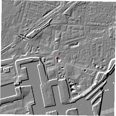 Shaded relief map of the ground around DN145AU, computed from Environment Agency LiDAR. The ground here sits at about 3 m above sea level and falls 8 m across the surrounding 800 m. Surface water reaching this point runs off ground lying to the south-south-east, 4.8 m higher.