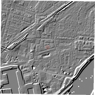 Shaded relief map of the ground around DN145AW, computed from Environment Agency LiDAR. The ground here sits at about 3 m above sea level and falls 8 m across the surrounding 800 m. The ground contributing surface water to this point lies to the east.
