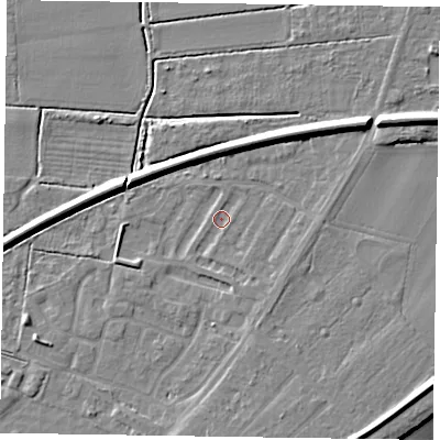 Shaded relief map of the ground around DN145AX, computed from Environment Agency LiDAR. The ground here sits at about 3 m above sea level and falls 8 m across the surrounding 800 m. Surface water reaching this point runs off ground lying to the north-east, 5.5 m higher.