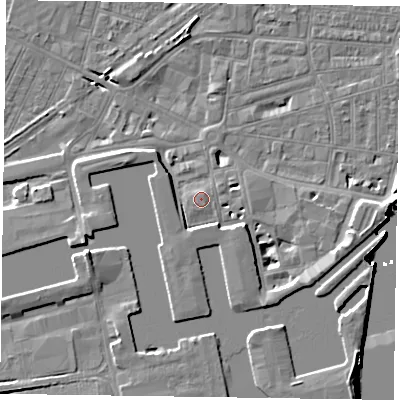 Shaded relief map of the ground around DN145BA, computed from Environment Agency LiDAR. The ground here sits at about 5 m above sea level and falls 8 m across the surrounding 800 m. Surface water reaching this point runs off ground lying to the south-west, 0.7 m higher.