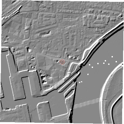 Shaded relief map of the ground around DN145BB, computed from Environment Agency LiDAR. The ground here sits at about 4 m above sea level and falls 7 m across the surrounding 800 m. Surface water reaching this point runs off ground lying to the south-south-west, 1.2 m higher.