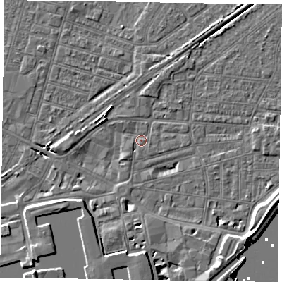 Shaded relief map of the ground around DN145BF, computed from Environment Agency LiDAR. The ground here sits at about 3 m above sea level and falls 8 m across the surrounding 800 m. Surface water reaching this point runs off ground lying to the south-west, 3.7 m higher.