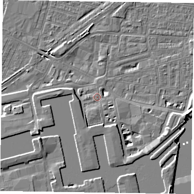 Shaded relief map of the ground around DN145BG, computed from Environment Agency LiDAR. The ground here sits at about 4 m above sea level and falls 8 m across the surrounding 800 m. Surface water reaching this point runs off ground lying to the south-south-east, 4.1 m higher.