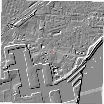 Shaded relief map of the ground around DN145BH, computed from Environment Agency LiDAR. The ground here sits at about 4 m above sea level and falls 8 m across the surrounding 800 m. Surface water reaching this point runs off ground lying to the south-south-west, 1.0 m higher.
