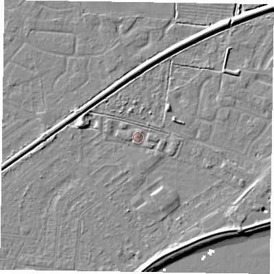 Shaded relief map of the ground around DN145BP, computed from Environment Agency LiDAR. The ground here sits at about 3 m above sea level and falls 7 m across the surrounding 800 m. Surface water reaching this point runs off ground lying to the east-north-east, 2.3 m higher.
