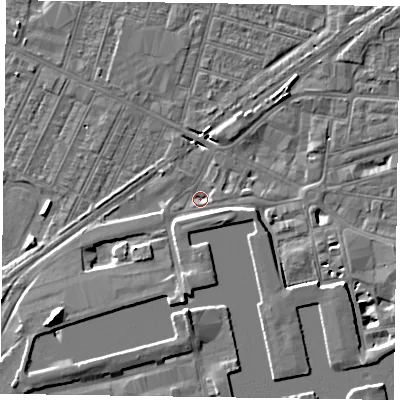 Shaded relief map of the ground around DN145BQ, computed from Environment Agency LiDAR. The ground here sits at about 3 m above sea level and falls 8 m across the surrounding 800 m. Surface water reaching this point runs off ground lying to the south, 4.9 m higher.