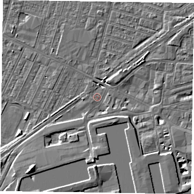 Shaded relief map of the ground around DN145BS, computed from Environment Agency LiDAR. The ground here sits at about 3 m above sea level and falls 8 m across the surrounding 800 m. Surface water reaching this point runs off ground lying to the south, 5.7 m higher.