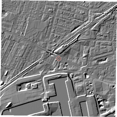 Shaded relief map of the ground around DN145BT, computed from Environment Agency LiDAR. The ground here sits at about 3 m above sea level and falls 8 m across the surrounding 800 m. Surface water reaching this point runs off ground lying to the south-south-east, 0.9 m higher.